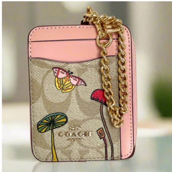 Coach Observed By Us Zip Card Case Signature Canvas Leather Khaki CU403 Pink